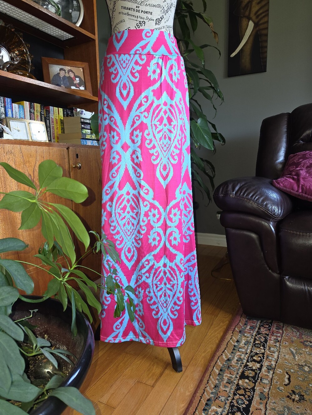 Maxi Skirt in Hot Pink with Aqua Pattern